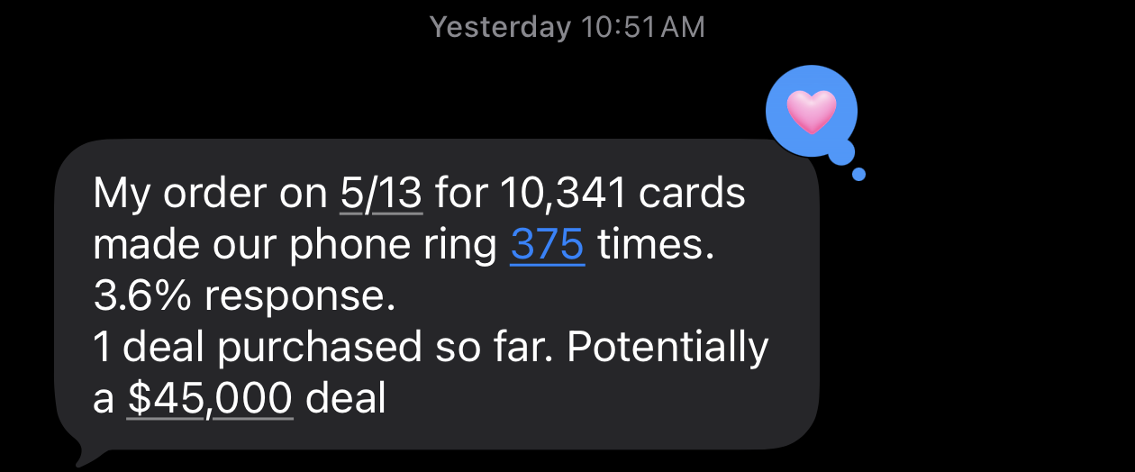 Client text: my order for 10,341 cards made our phone ring 375 times, 3.6 percent response, potentially a $45,000 deal