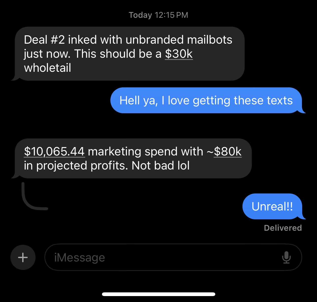 Client text reporting 8x return on mail spend