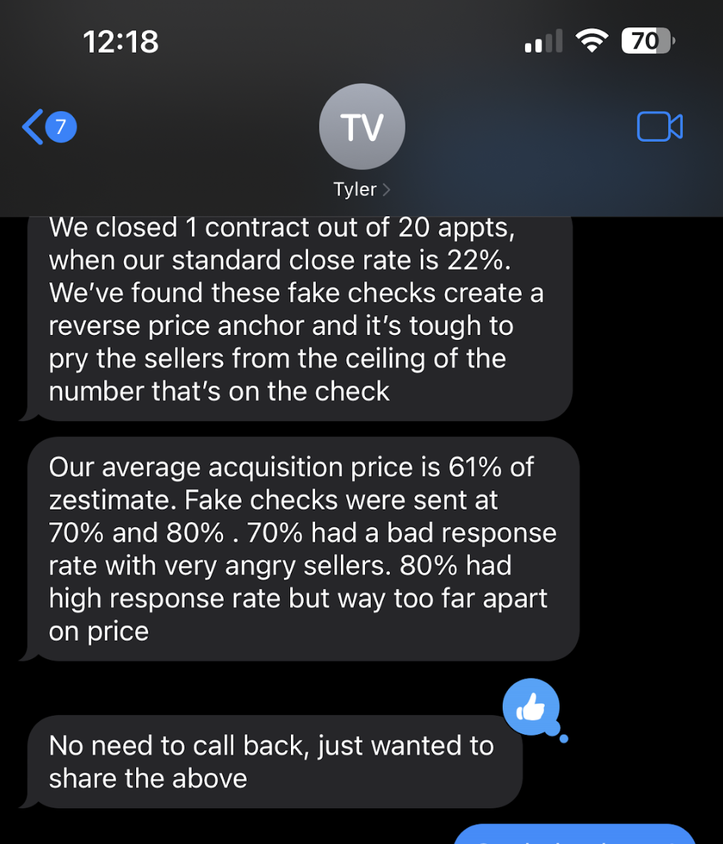 Client text explaining why fake-check mailers tanked their close rate