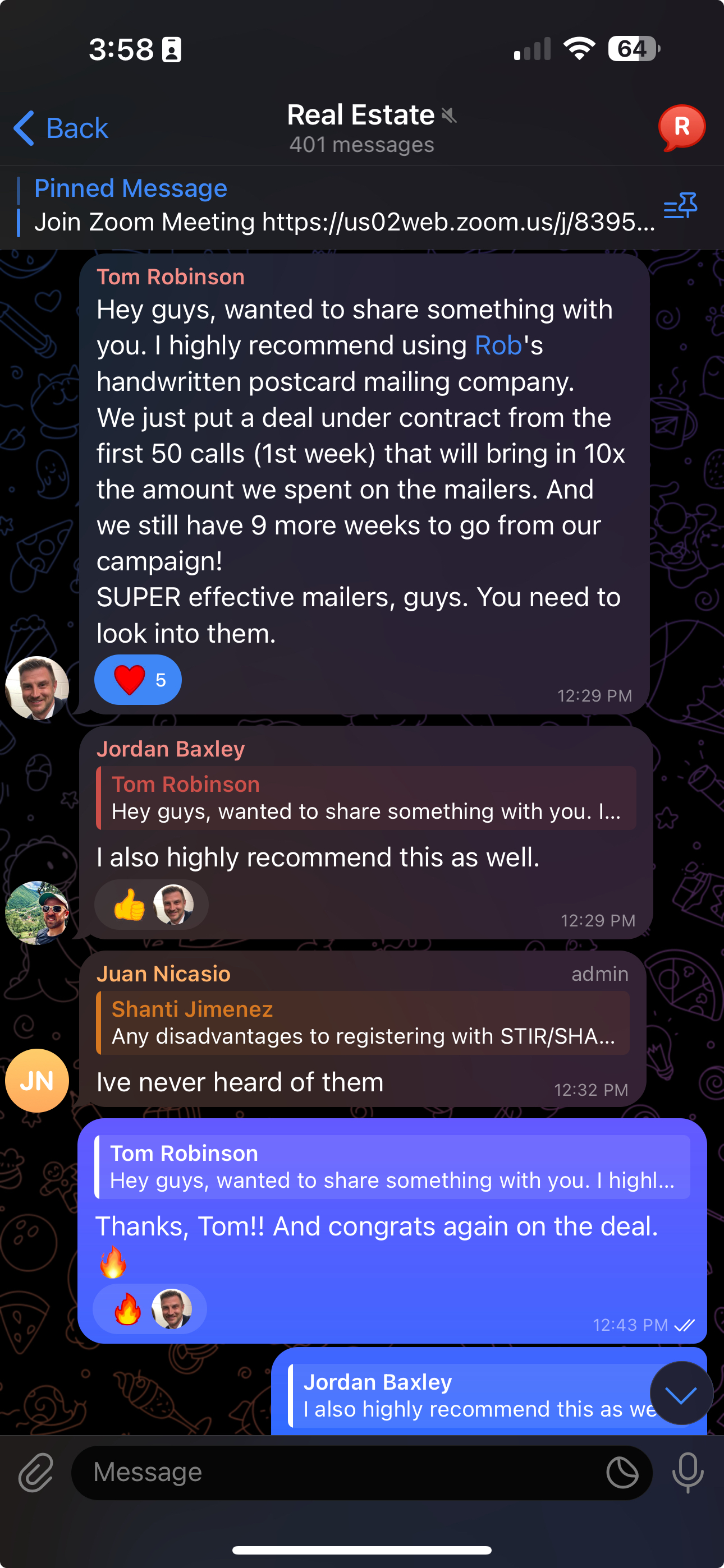 Client recommending Mailbots unprompted in a real estate group chat: a deal under contract in week one worth 10x the mail spend